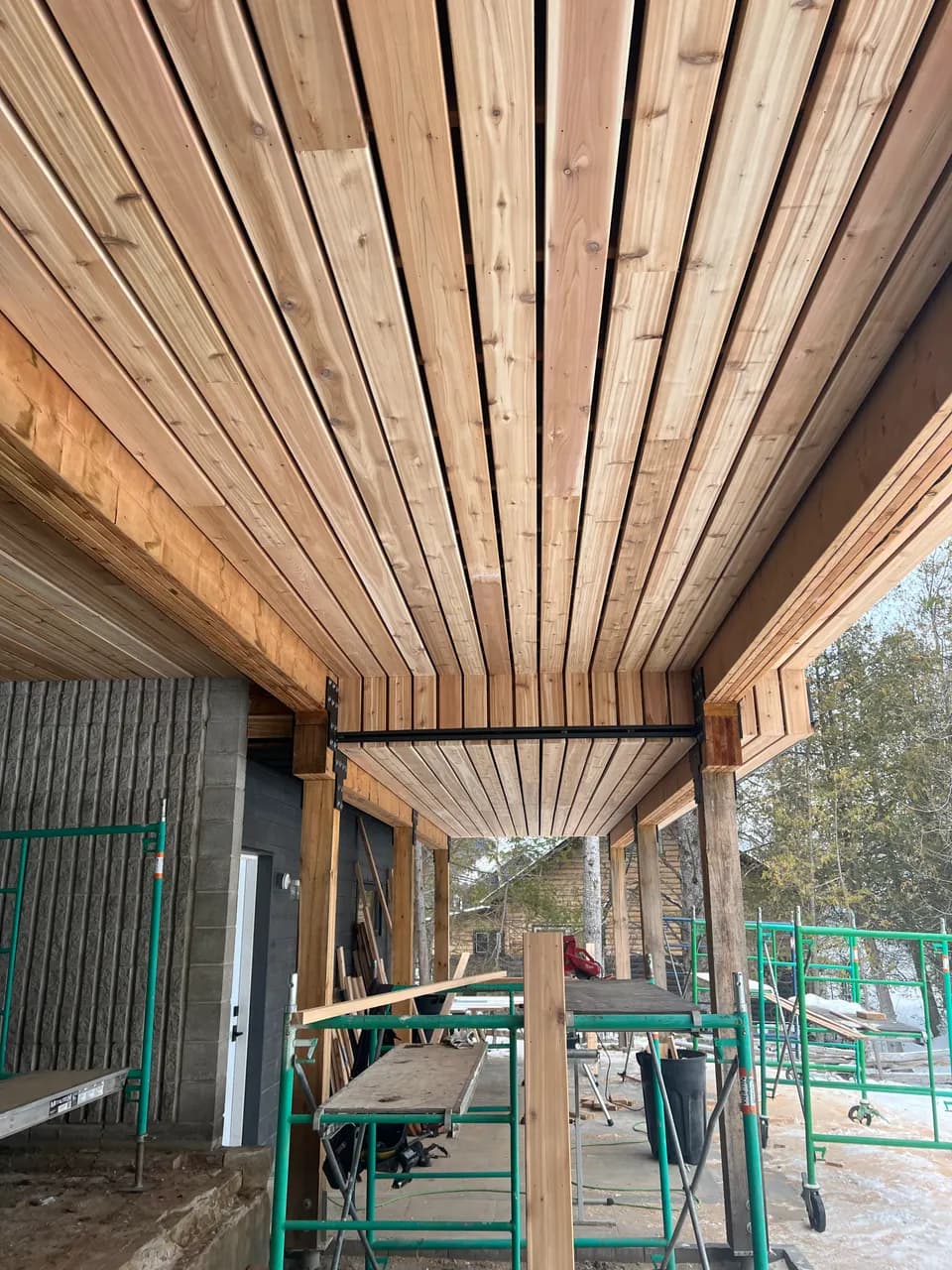 Cedar plank breezeway ceiling, custom millwork