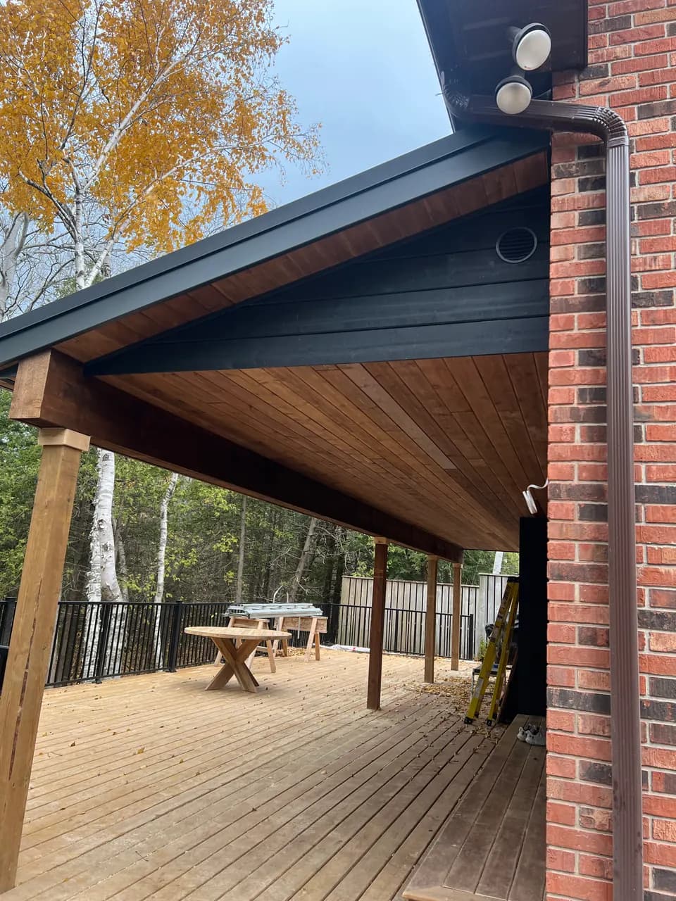 Covered deck porch with brick and timber posts